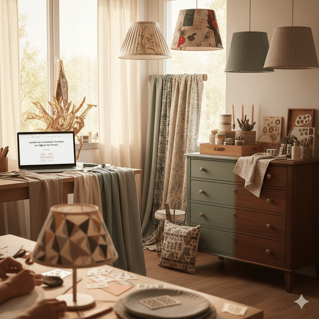 Atelier de création textile lumineux : tissus, lampes, commode bicolore et ordinateur affichant un projet d'atelier.